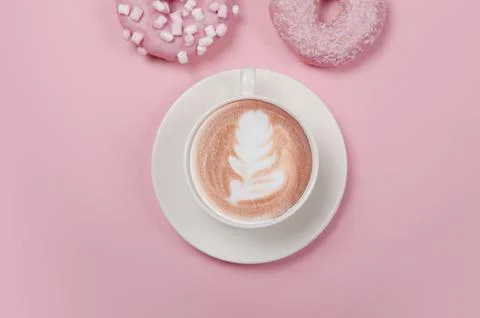 Flat lay composition with donuts and cup of coffee Stock Photos