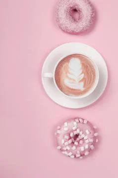 Flat lay composition with donuts and cup of coffee Stock Photos