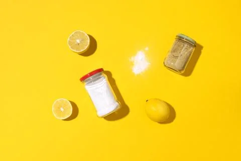 Flat lay composition with eco-friendly natural cleaners. Baking soda, salt Stock Photos