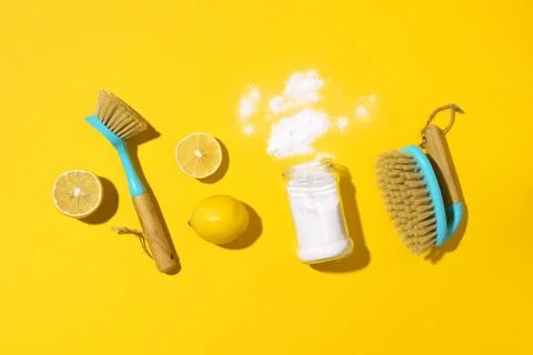 Flat lay composition with eco-friendly natural cleaners. Baking soda, salt Stock Photos