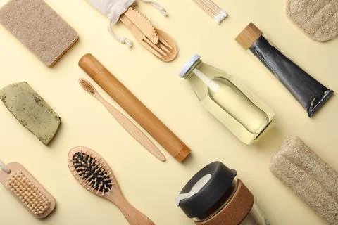 Flat lay composition with eco friendly products on beige background. Consciou Stock Photos
