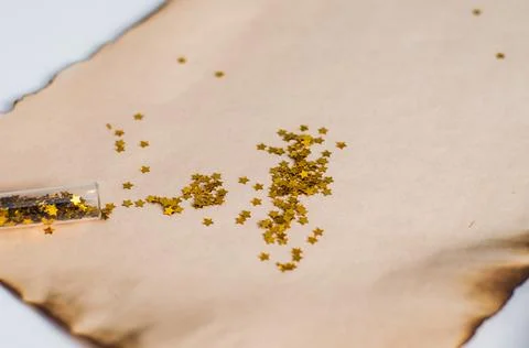 Flat lay composition with empty Santa's list and Christmas decoration on whit Stock Photos