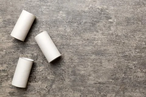 Flat lay composition with empty toilet paper rolls and space for text on colo Stock Photos