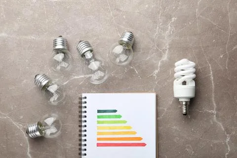 Flat lay composition with energy efficiency rating chart and light bulbs on m Stock Photos