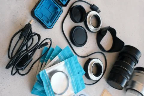 Flat lay composition with equipment for professional photographer Stock Photos