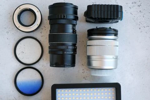 Flat lay composition with equipment for professional photographer Stock Photos