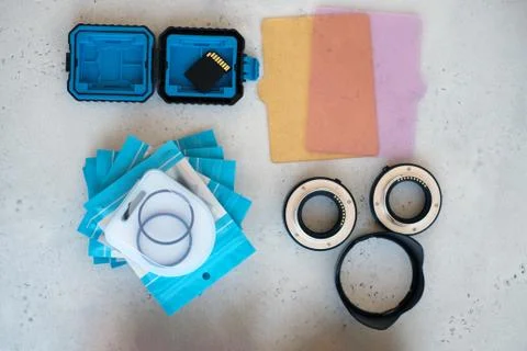 Flat lay composition with equipment for professional photographer Stock Photos