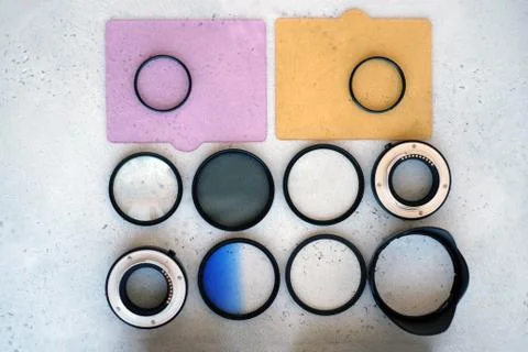 Flat lay composition with equipment for professional photographer Stock Photos