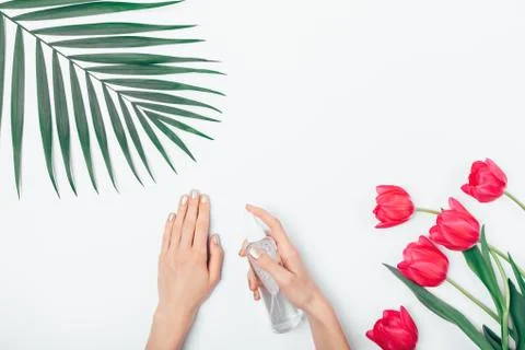 Flat lay composition female hands spray Stock Photos