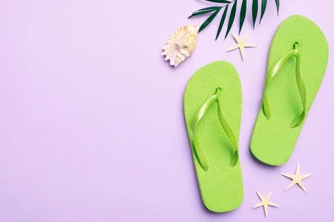 Flat lay composition with flip flops and seashell on colored background. Spac Stock Photos