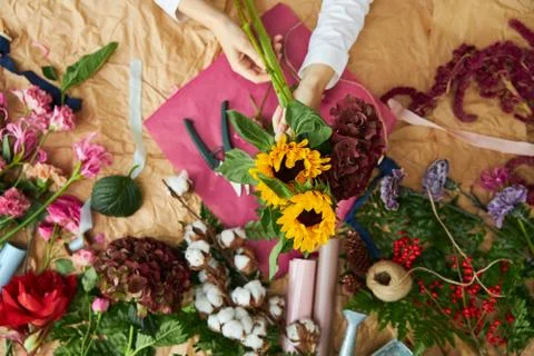 Flat lay composition florist creates a bouquet on craft paper and pink Stock Photos