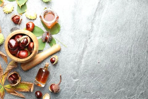 Flat lay composition with fresh horse chestnuts and extract on grey table. Sp Stock Photos
