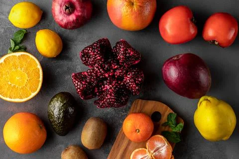 Flat lay composition with fresh multicolored fruits. orange, kiwi, grapefruit Stock Photos
