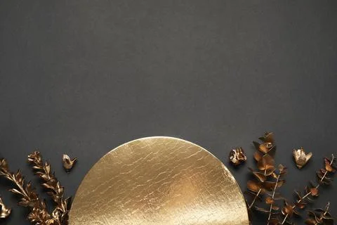 Flat lay composition with golden decor elements. Space for text Stock Photos