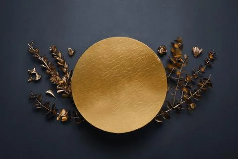 Flat lay composition with golden decor elements. Space for text Stock Photos