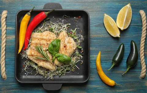 Flat lay composition with grilled fish on blue wooden table Stock Photos