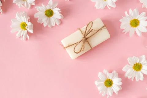 Flat lay composition with hand made soap bars and lavender flowers on violet Stock Photos