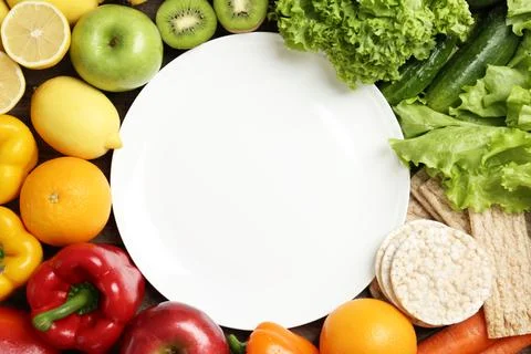 Flat lay composition with healthy food and empty plate, space for text. Conce 스톡 사진