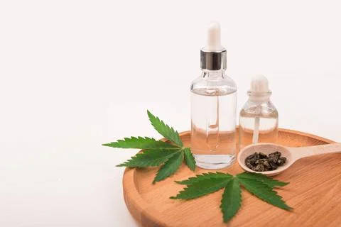 Flat lay composition with hemp , bottle of extract and space for text Stock Photos