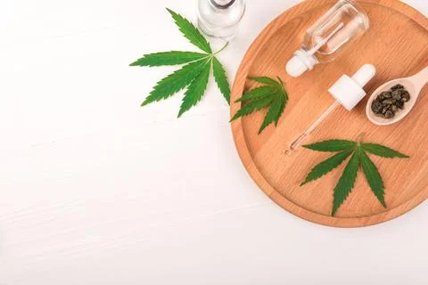 Flat lay composition with hemp , bottle of extract and space for text Stock Photos