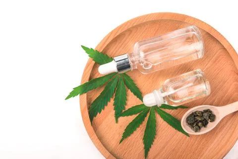 Flat lay composition with hemp , bottle of extract and space for text Stock Photos