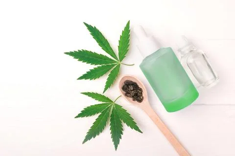 Flat lay composition with hemp , bottle of extract and space for text Stock Photos