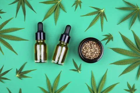 Flat lay composition with hemp oil and hemp leaves on green color background Stock Photos