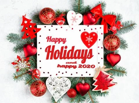 Flat lay composition with the lettering, happy holidays and happy 2020. Frame Fotos Stock