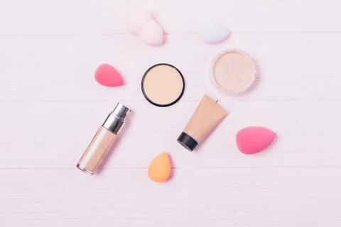 Flat lay composition of makeup products Stock Photos