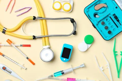 Flat lay composition with medical objects on color background Stock Photos