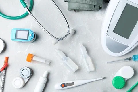 Flat lay composition with medical objects on grey background 스톡 사진