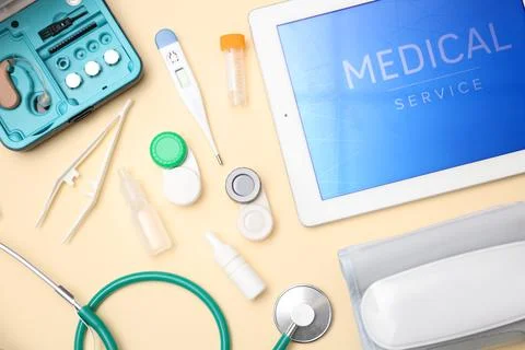 Flat lay composition with medical objects on color background 스톡 사진