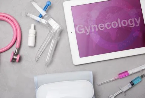 Flat lay composition with medical objects on grey background 스톡 사진