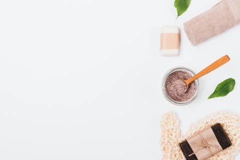 Flat lay composition of natural coffee scrub Stock Photos