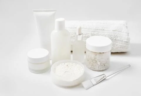 Flat lay composition Natural cosmetics ingredients for skincare, body and hai Stock Photos