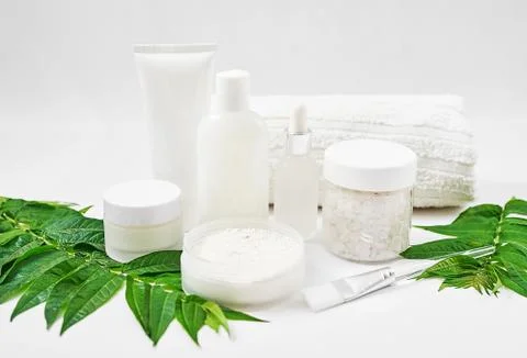 Flat lay composition Natural cosmetics ingredients for skincare, body and hai Stock Photos