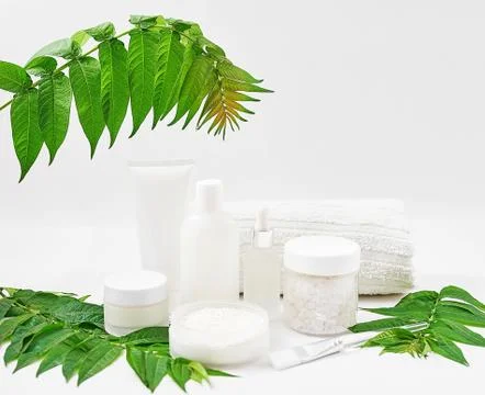 Flat lay composition Natural cosmetics ingredients for skincare, body and hai Stock Photos