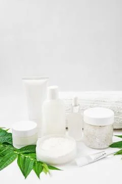 Flat lay composition Natural cosmetics ingredients for skincare, body and hai Stock Photos