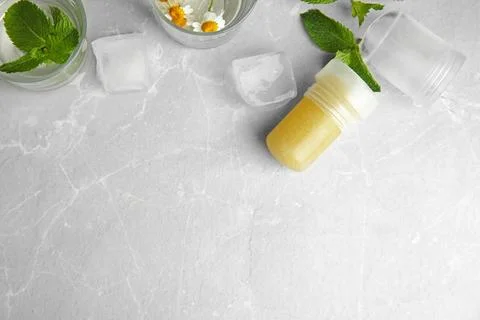 Flat lay composition with natural crystal alum deodorant and space for text o Stock Photos