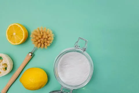 Flat lay composition with natural items for kitchen and home cleaning. Stock Photos