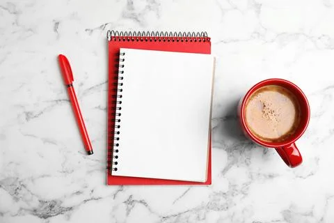 Flat lay composition with notebooks and coffee on marble background Stock Photos