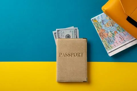 Flat lay composition objects for travel isolated on a blue background. Stock Photos