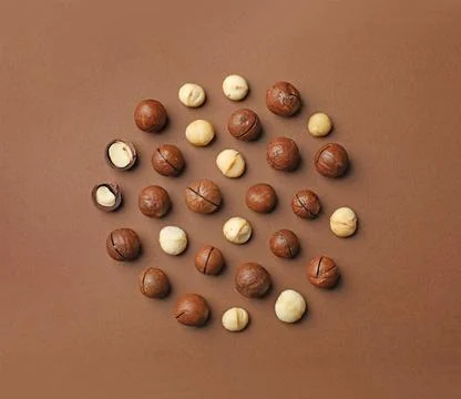 Flat lay composition with organic Macadamia nuts on color background Stock Photos