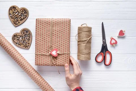 Flat lay composition packaging of gifts on Valentine's Day, a birthday with Stock Photos