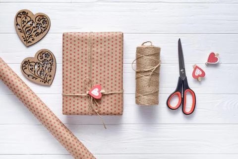 Flat lay composition packaging of gifts on Valentine's Day, a birthday with gift Stock Photos