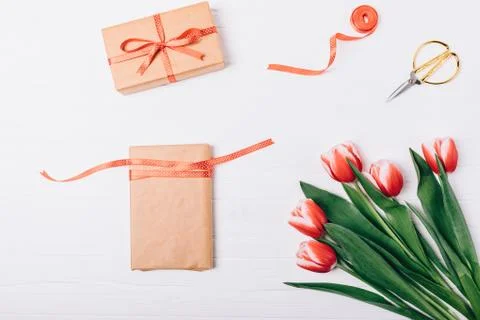 Flat lay composition of packing gifts for holiday Stock Photos