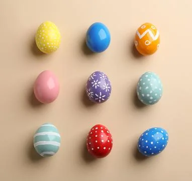 Flat lay composition of painted Easter eggs on color background 스톡 사진