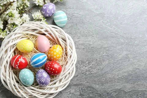 Flat lay composition with painted Easter eggs and blossoming branches on colo Stock Photos