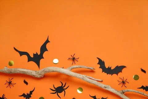 Flat lay composition with paper bats, spiders and wooden branch on orange bac Stock Photos