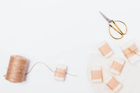 Flat lay composition process of packing natural handmade soap Stock Photos